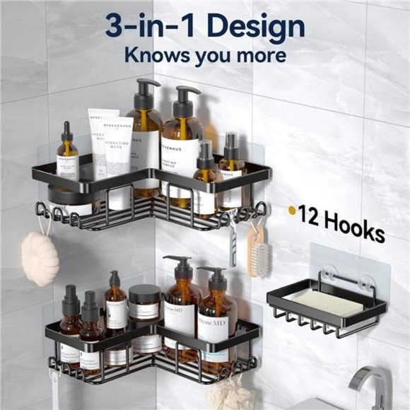 Corner Adhesive Shower Caddy, with Soap Holder and 12 Hooks, Rustproof 3 Pack - Picture 5 of 7